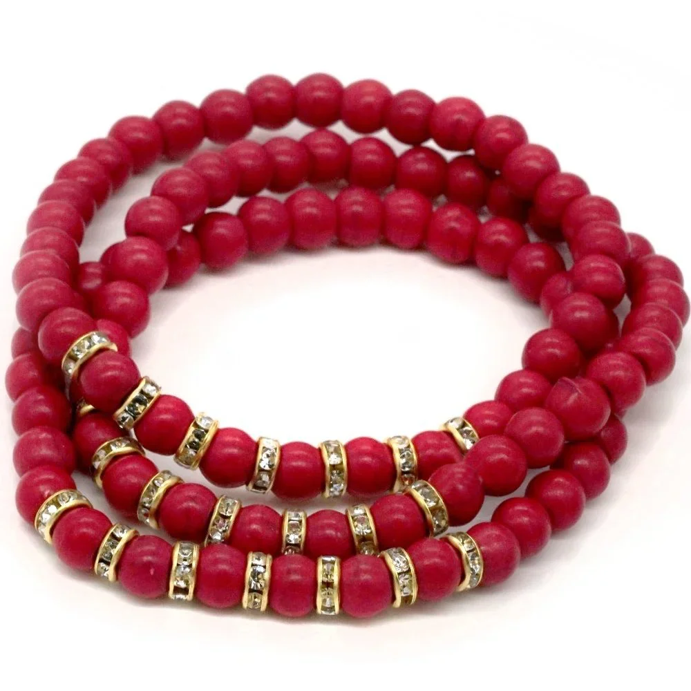 Bracelet with 3 strands red beads and rhinestones, OS - Picture 1 of 3